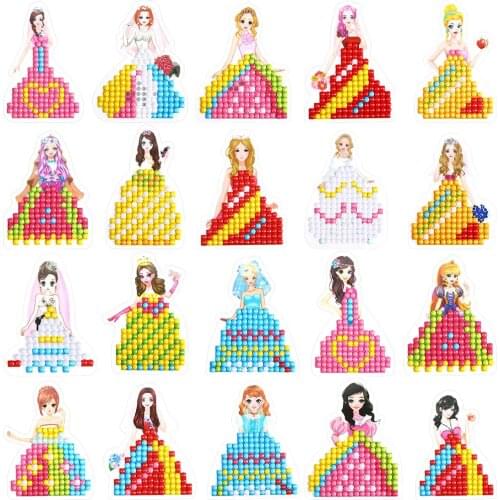20 Pieces 5D DIY Diamond Painting Stickers Kits Princess Theme Stick Painting with Diamonds by Number Kit with Painting Tools