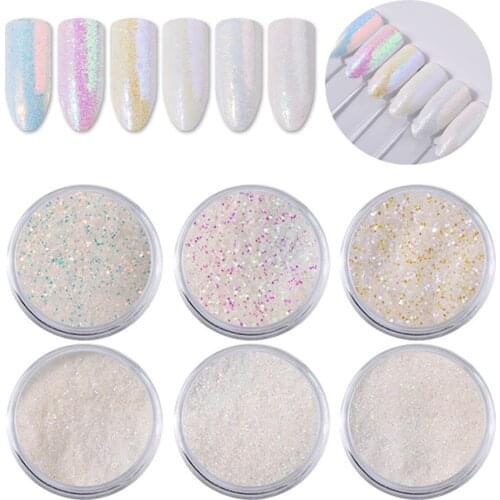 6pc Unicorn Aurora White Sequin Nail Art Glitter Powder Mermaid Dust Small Flake Decorations for DIY Nails Glitter UV Gel Polish