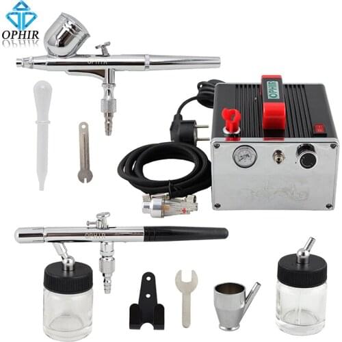 OPHIR 2 Dual Action Airbrush Kit with Air Compressor 0.3mm 0.35mm Air Brush Gun for Cake Decorating Hobby Paint _AC091+004A+072