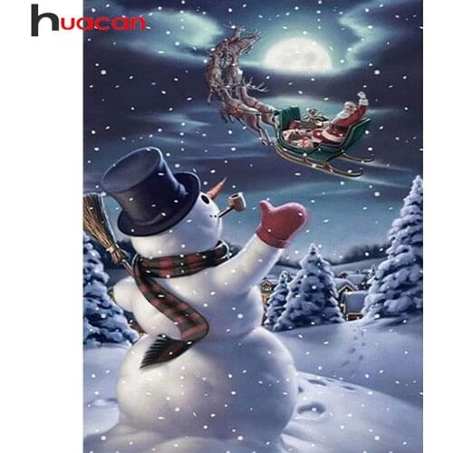 Huacan 5d Diamond Painting Snowman Christmas Diamond Art Embroidery Mosaic Santa Claus Night Snow Scenery Home Decor