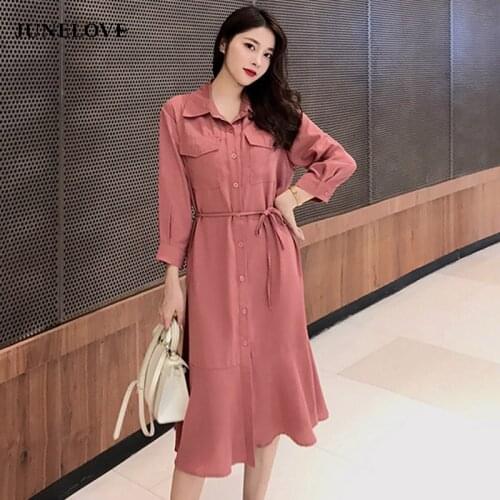 JuneLove Shirt Dress For Women Spring New Turn-Down Collar Long Sleeve Office Ladies Dress Casual Work Ruffle Midi Dress Vestido