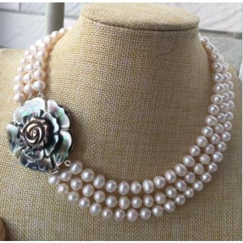 Free shipping triple strands 7-8mm round white pearl necklace 16"17"18"