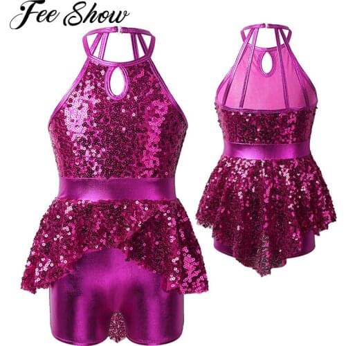 Kids Girls Sleeveless Halter Shiny Sequins Caged Back Ballet Dance Costume Shorty Unitard Dress for Lyrical Contemporary Dance