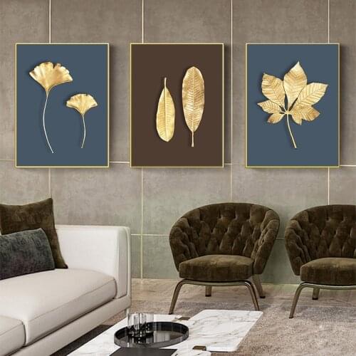 Canvas Painting 3 Panel Modern Abstract Golden Plant Leaf Wall Art Nordic Print Poster Wall Pictures for Living Room Home Decor