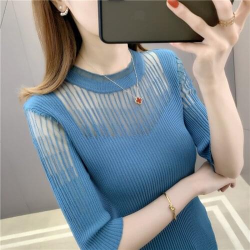 Room 197996 on the 2 row 6 】 make pure color lace 32 hollow-out sweater with short sleeves