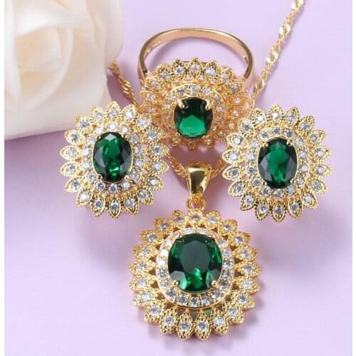 Dubai Green Zircon Jewelry Sets Gold Color Luxury Wedding Accessories Sunflower Clip Earrings And Necklace Sets For Women Gift