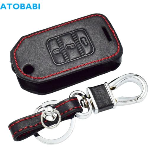 Leather Car Key Case For Honda Civic X-RV Jazz Greiz Crdder 3 Buttons Folding Remote Fob Protector Cover Keychain Accessories