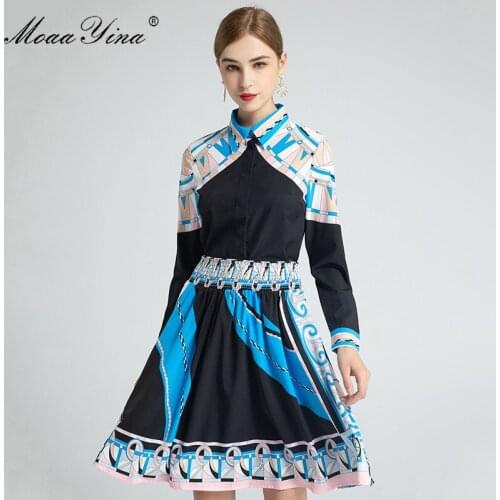 MoaaYina Fashion Designer Set Spring Womens Long sleeve Blouses Tops+Geometry Print Elastic waist Half skirt Two-piece suit