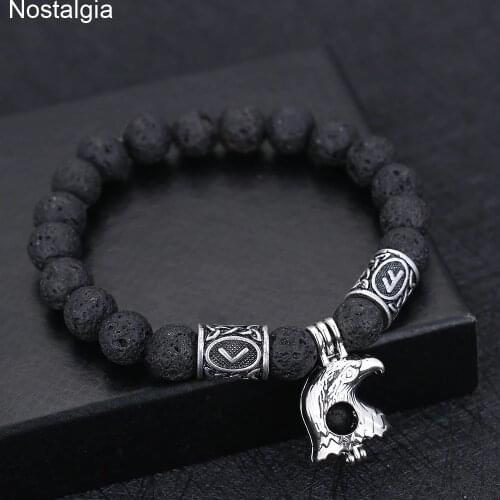 Nostalgia Odin Raven Axe Amulet Wicca Ram Punk Skull Jewelry Viking Bracelet Lava Stone Bracelets Runes Bead Vikings Accessories