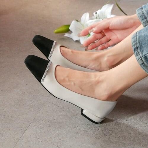 QPLYXCO Spring Autumn Women Square Toe Genuine leather Dress Low Heel High Quality Wedding Party Shoes Plus Size 45 46 D-217