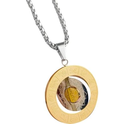 Retro Chinese Zodiac Diagram Necklace Yin Yang Taiji 12 Animals Rotatable Pendant Taichi Bagua Religion Taoism Stainlesss Steel