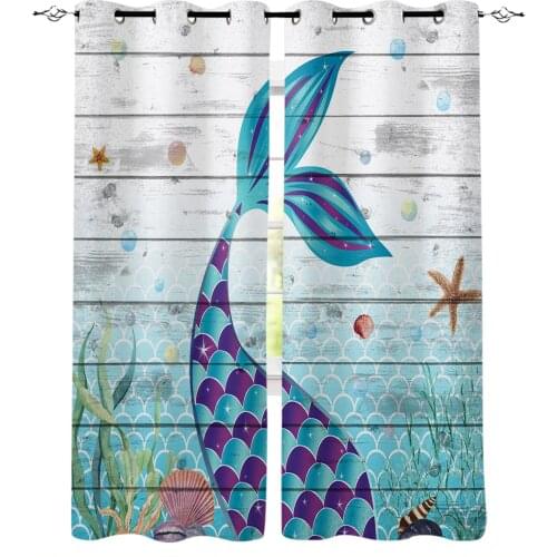 Mermaid Ocean Shell Wood Plank Texture Blackout Curtains For Living Room Bedroom Printed Window Treatment Drapes Home Decor