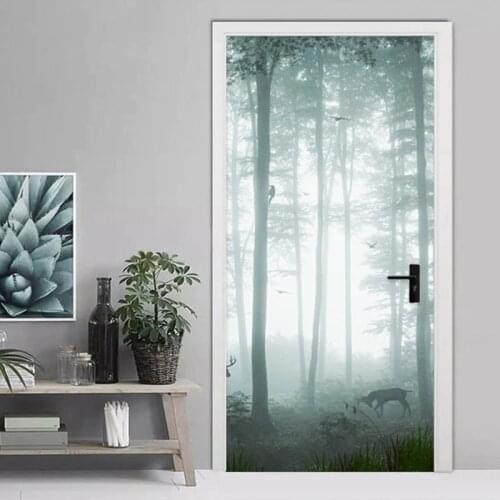 Modern Simple Misty Forest Door Sticker 3D Landscape Wallpaper PVC Self-Adhesive Waterproof Wall Door Decals Living Room Murals