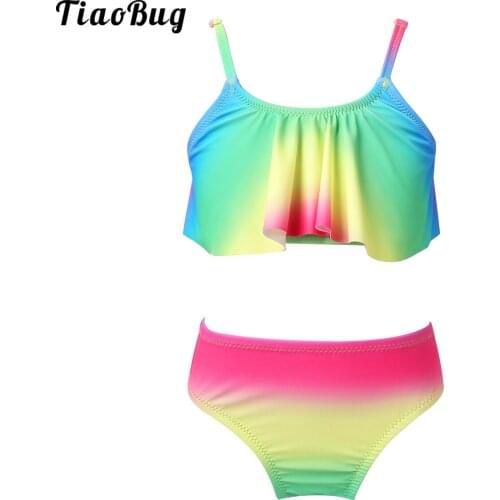 TiaoBug 2Pcs Kids Girls Tankini Adjustable Spaghetti Shoulder Straps Swimwear Swimsuit Bathing Suit Set Ruffled Tops With Bottom