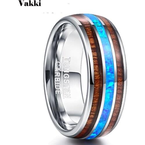 VAKKI 8mm 100% Tungsten Carbide Opal Rings Elegant Male Dome Acacia Koa Wood Rings For Men Wedding Bands Jewelry Lovers Gift