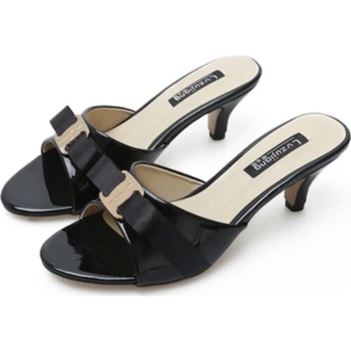 Women Bow Flowers Slides Open Toe Square Heels Med 4cm Patent Leather Shiny Slippers Summer Shoes Comfortable Sweet Footwear 12