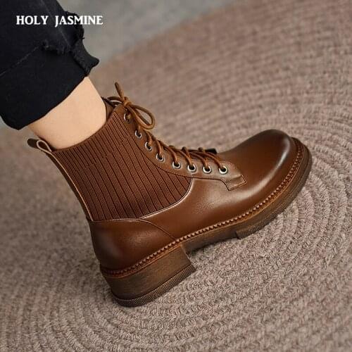 2022 Fashion Women Boots Genuine Leather Boots Mid Heel Round Toe Autumn Winter Ankle Boots Platform Shoes Winter Boots Women