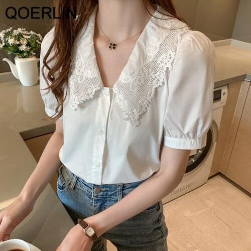 QOERLIN Single-Breasted Shirts Women 2021 Summer New Korean Puff Sleeve Embroidered Collar Short Sleeve Shirt Blouse Plus Size