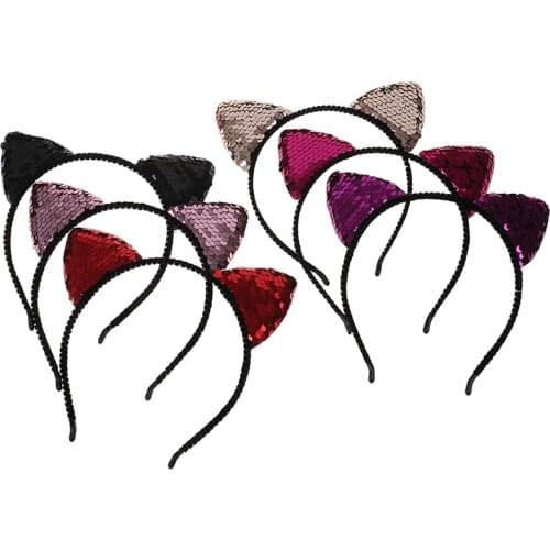 Girls Sequin Cat Ears Headbands Handmade Hairband Women Cosplay Party Hair Accessories Halloween Christmas Dress Up