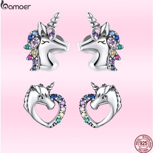 Bamoer New Fashion Happy Horse Stud Earrings for Women Genuine 925 Sterling Silver Animal Colorful Earrings Fine Wedding Jewelry