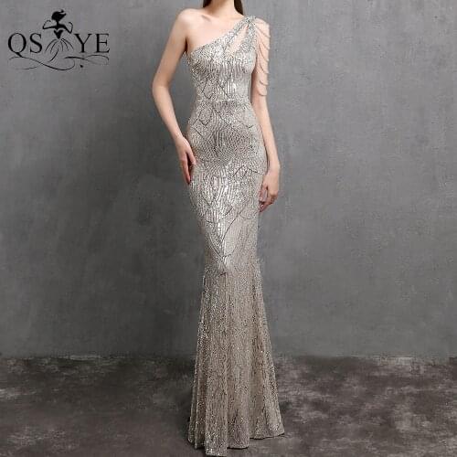 One Shoulder Silver Prom Dresses Sequin Mermaid Evening Gown Beading Straps Sequin Lace Pattern Formal Party Gown Fit Women Gown