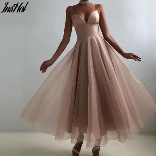 2021 Fashion Sexy Deep V Mesh Stitching Women Dress Summer Ladies Sleeveless Sling A-Line High Waist Elegant Party Dress