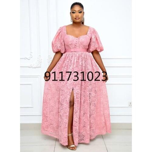 2021 Summer Fashion Style African Women Short Sleeve Plus Size Pink Lace Long Dress African Dresses for Women S-5XL