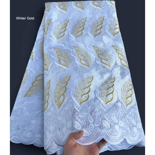 5 yards White Gold soft thick embroidery African Swiss voile lace with eyelet holes Nigerian Ghana garment sewing dress clothes
