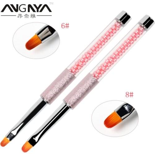 ANGNYA 1Pc Acrylic UV Gel Extension Builder Flower Drawing Nail Art Brush 6#8# Oval Pearl Decoration Metal Handle Manicure Tools