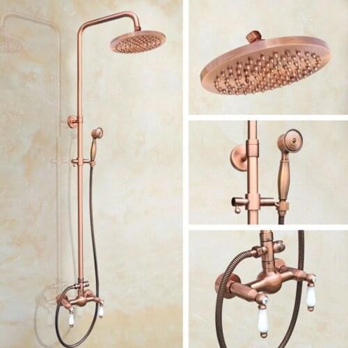Antique Red Copper Brass Wall Mounted Bathroom 8" Rain Shower faucet Set Telephone Style Handheld Shower Head Mixer Tap arg583