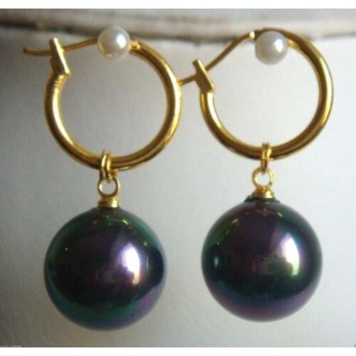 Free Shipping Hot sale new Style >>>> 14mm Tahitian Rainbow Black South Sea Shell Pearl 14 GP Dangle Earrings AAA