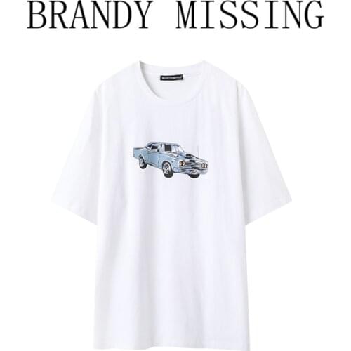 Oversize Girls Soft Cotton O Neck T-shirt 2021 Summer Fashion Ladies Casual Loose Women Blue Car Print White Top