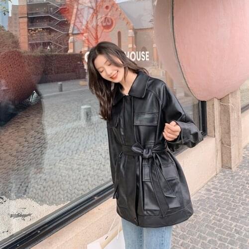 Trendy Fad New Autumn Women Loose Fit Long Black Faux Leather Jacket With Belt Casual Female Streetwear Pu Biker Pockets Coat
