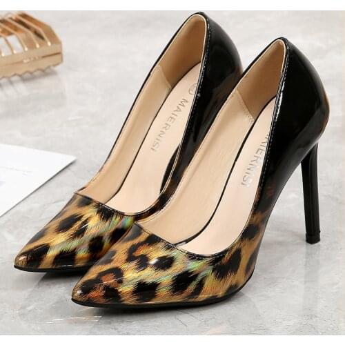 Leopard Gradient Color High Heels Shoes Shoppin Work Patent Leather Shoes Women Size 47 Thin Heels Pumps Ladies Shoes Red Yellow