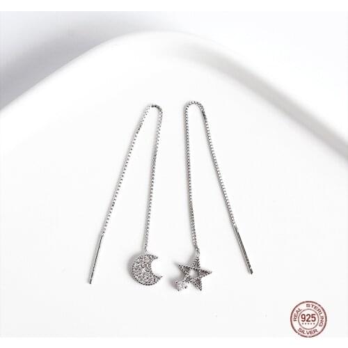 LKO Asymmetry Stars Moon 925 Sterling Silver Tassels Ear Line Earring Temperament Personality Jewelry For Women Ear Accessories