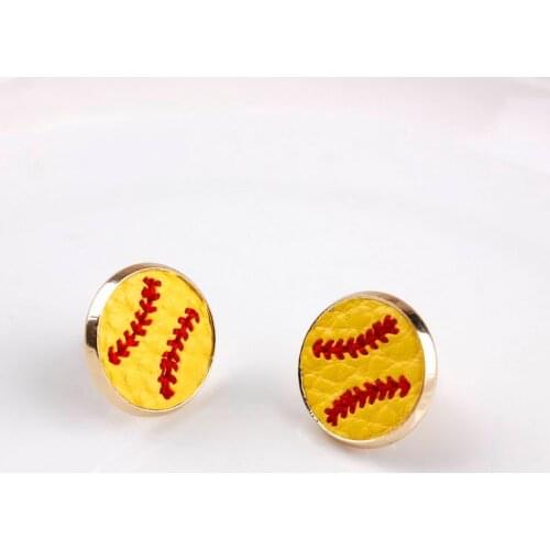 ZWPON Small Embroidery Round Leather Baseball Earrings 2019 Women Mini Softball Leather Earrings Yellow Jewelry Wholesale