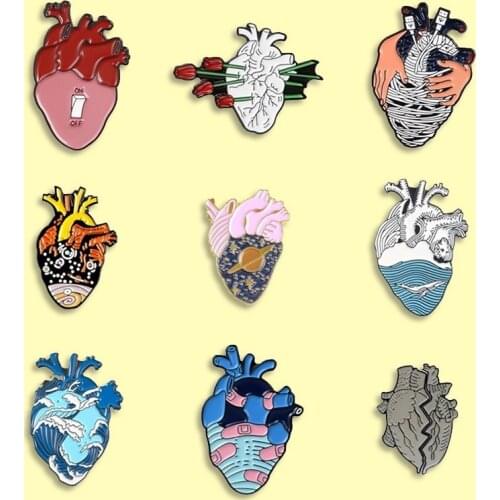 Human Organs Heart Metal Enamel Pin Rose Starry Waves Heart Shape Badge Brooch Fashion Jewelry Coat Backpack Jewelry Gift