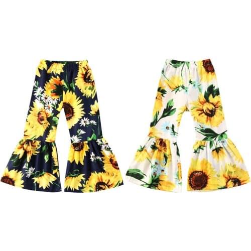 Lovely Infant Baby Girls Flared Pants Sunflowers Print Ruffles High Waist Long Pants 2 Colors Outfit 1-6Y