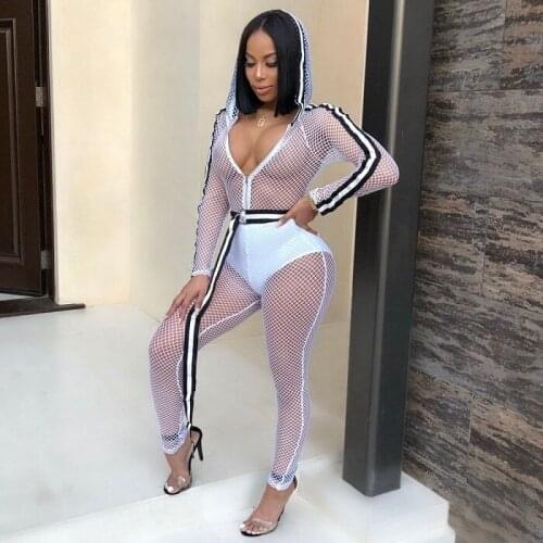 Fashion Mesh Sexy Bodysuit Women Transparent Jumpsuit Long Sleeve Hooded Fishnet Playsuit 2018 Belt Stripe Romper Mujer