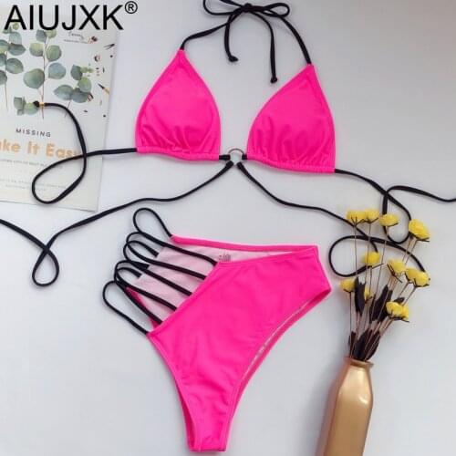AIUJXK New 2020 Summer String Biquini Women Halter Swimwear Neon Color Lingerie Woman Bra And Panty High Waist 2 Piece Swimsuit
