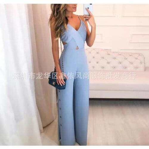2021 new ladies solid color sling cross V-neck jumpsuit womens clothing