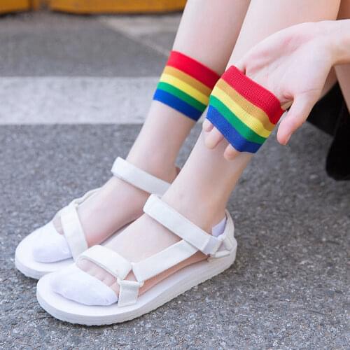 New Summer Candy Colors Rainbow Striped Harajuku Crystal Silk Socks High Quality Fashion Retro Casual Women Socks