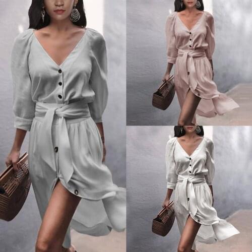 New Womens Dress Long Sleeved V Neck Button Down Sexy Plus Size Dress Solid Color female vestido de mujer Dropshipping