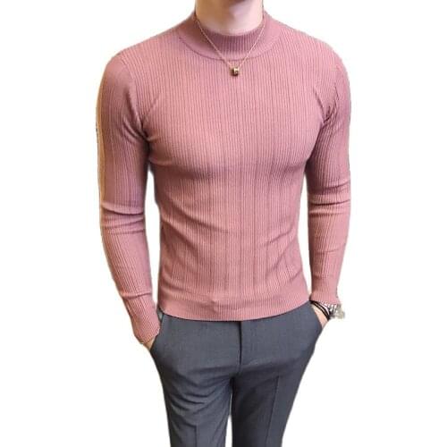 Autumn and Winter Style Boutique Fashion Striped Stretch Comfort Mens Casual Turtleneck Sweater Solid Color Knitted Slim Sweater