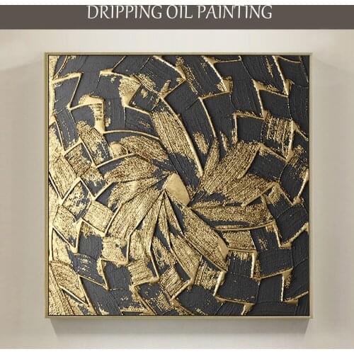 Excellent Artist Hand-painted High Quality Abstract Thick Knife Painting Golden Leaf Square Acrylic Painting for Wall Decoration