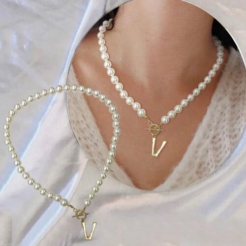 Letter Necklace For Women Jewelry Fashion 26 Letters Shape Pendant Imitation Pearls Necklace Ornaments Женское Ожерелье #40