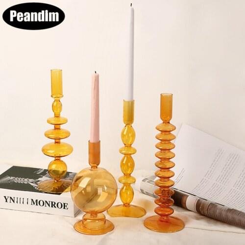 PEANDIM Yellow Glass Candle Holder Wedding Centerpieces for Tables Centerpieces Home Decor Pillar Candle Stand Stick Candelabra
