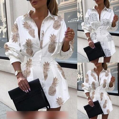 Women Dress Female Autumn Long Sleeve Pineapple/Letter Print Elegant Ladies Sundress Tunic Beach Clothing