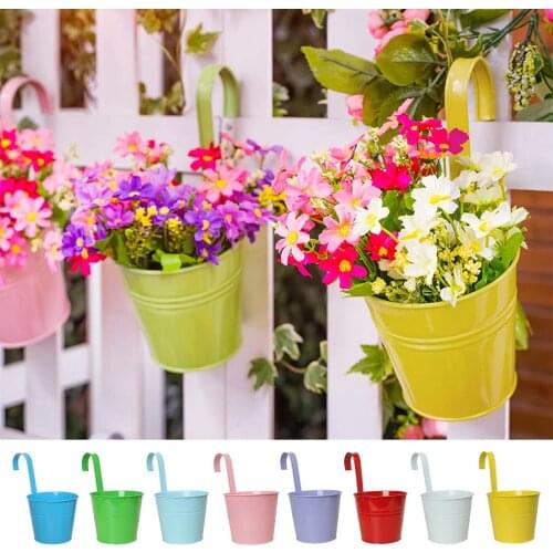Hanging Flower Pots Metal Garden Bucket Balcony Planters, Countryside Decor Plants Holders for Railing Fence w/ Detachable Hook