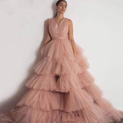 Fluffy Dusty Pink Evening Dress V Neck abiye Lush Tulle Saudi Arabia Prom Dresses Long Ruffle Floor Length Robe De Soiree